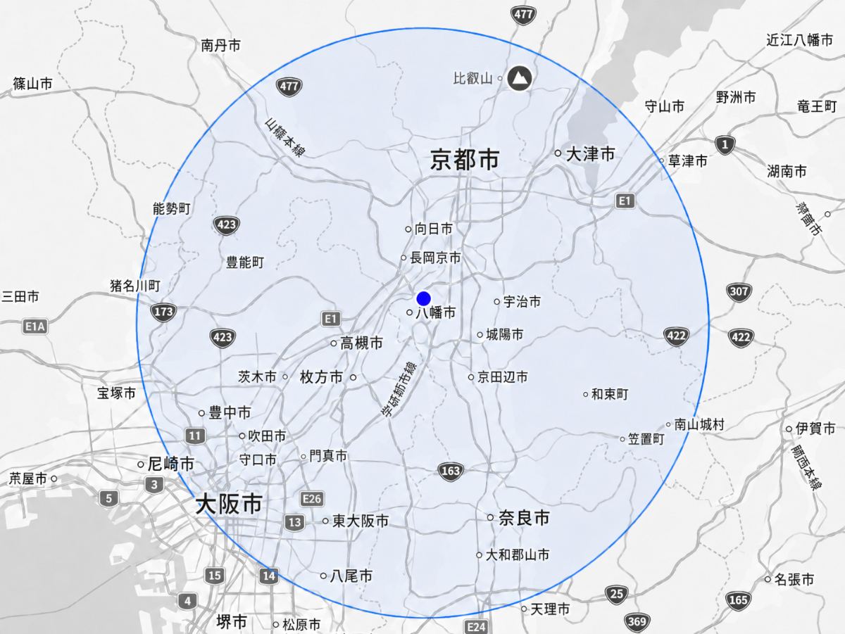 サン・アース対応エリアマップ（久御山町を中心に半径30km圏内）